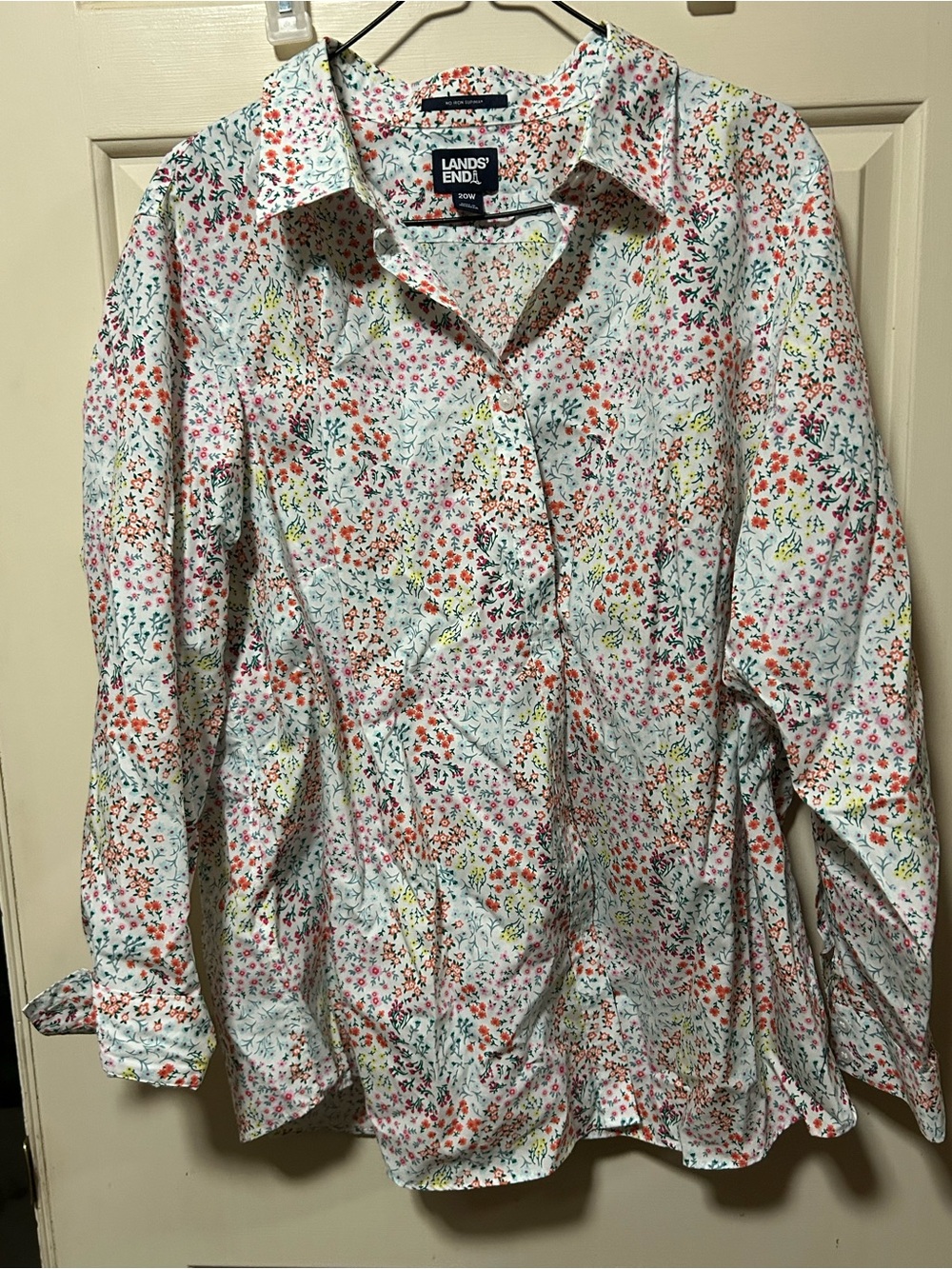 Lands' End White Button-Down Shirt with Multicolor Floral Print